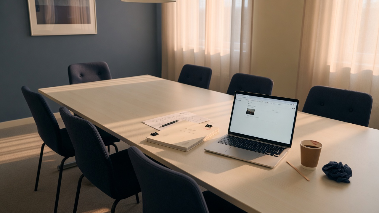 An empty conference room after a meeting: a proposal on the table and a laptop open to a sparse search page.